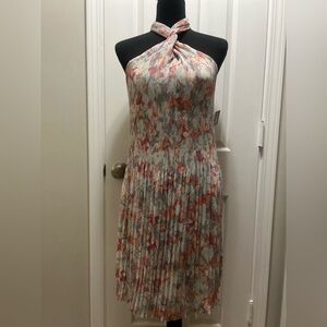RD Style Halter Pleated Floral Dress in Cream, Pink, Orange